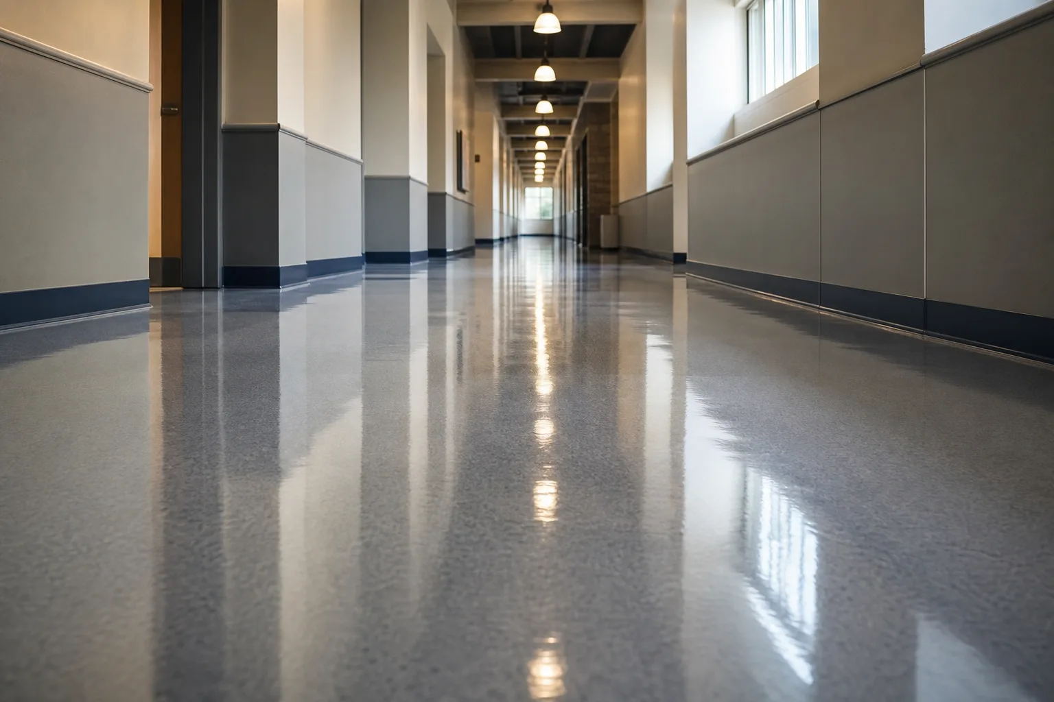 PVC 地坪維護完成後的走廊光澤反射