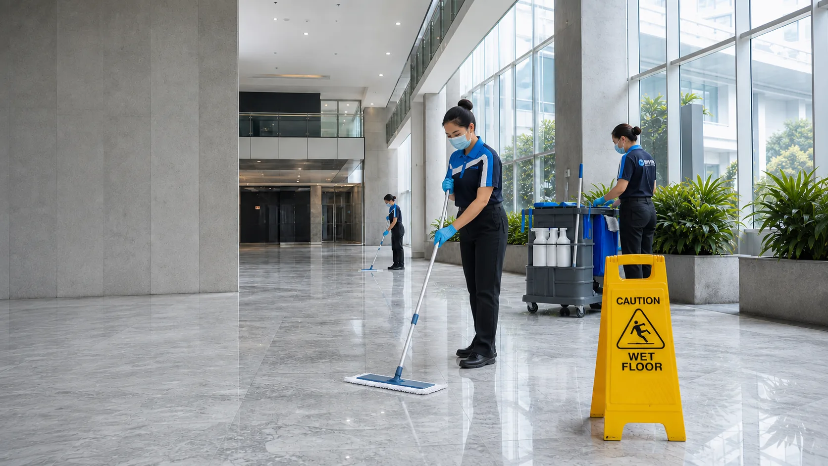 新時代專業清潔團隊三位人員於現代企業大廳執行清潔作業,搭配警示牌與清潔推車