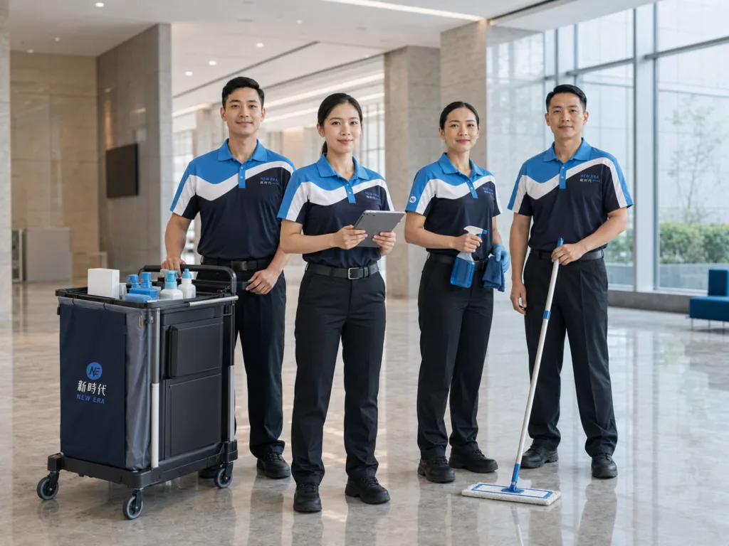新時代專業清潔團隊於現代企業場域合影