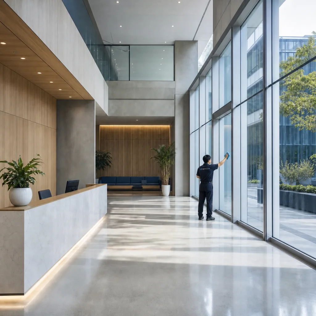 新時代清潔人員於企業辦公大樓挑高大廳擦拭落地玻璃帷幕